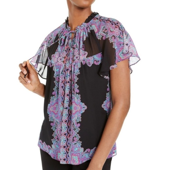 NWT NANETTE LEPORE Flutter Short Sleeve Tie Neck Lined Printed Blouse Size 6